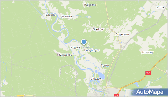 mapa Podgórzyce, Podgórzyce gmina Nowogród Bobrzański na mapie Targeo